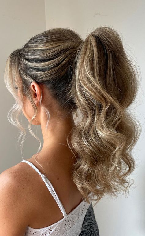 textured ponytail, ponytail bridal style, ponytail hairstyle, voluminous bridal ponytail, chic ponytail Ponytail Updo For Wedding, Updos For Medium Length Hair Ponytail, Fancy Messy Ponytail, High Ponytail Hoco Hairstyles, High Pony Hoco Hair, Hairstyles For Weddings Ponytail, Deb Hairstyles Ponytail, Homecoming Hairstyles High Ponytail, High Messy Ponytail Hairstyles