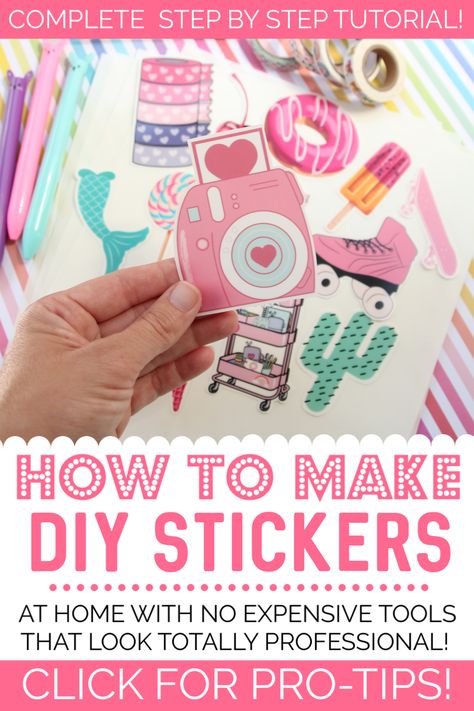 Check out our FREE easy DIY tutorial on how to make stickers at home with or without a Cricut.  We'll show you how to turn your home printer into a sticker making machine! From labels to planner stickers to waterproof hydroflask or iphone stickers- we show you how to make professional quality stickers that are actually homemade! #cricut #plannerstickers #stickers  #cricutdesignspace #tutorial #cricuttutorial #howtomakestickers #stickers #diy #cricutdesign #circutprojects #cricutideas Stickers At Home, Printable Vinyl Sticker Paper, Printable Sticker Paper, Sticker Making, Make Stickers, Iphone Stickers, Homemade Stickers, Projets Cricut, How To Make Stickers