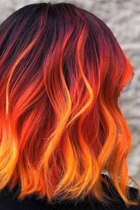 Color Meld Hair, Hair Color Ideas For Brunettes Red Ombre, High Fashion Hair Color, Fire Color Hair Ombre, Hair Colour Dye Ideas, Creative Colour Hair Ideas, Hair Color Ideas For Brunettes Orange, Phoenix Hair Color Fire Red Ombre, Maroon And Copper Hair