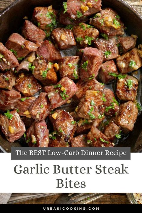 The BEST LowCarb Dinner Recipe – Garlic Butter Steak Bites – Urbaki Cooking #keto4life #nocarbs #ketomeal #ketobeginner #ketobeginner #ketogenic #weightloss #ketogirl #lowcarb Steak Low Carb Recipes, Keto Garlic Butter Steak Bites, Garlic Sauce For Steak, Steak Lunch, Garlic Butter Steak Bites, Butter Steak Bites, Air Fryer Recipes Appetizers, Steak Bites Recipe, Meal Rotation