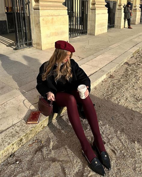 Stockings Outfit Winter, Burgundy Bag Outfit, Pantyhose Outfit Winter, Vintage Tights, 20s Outfit, Red Pantyhose, Pantyhose Outfit, Burgundy Tights, Maroon Outfit