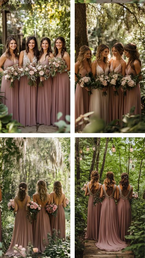 Bridesmaids wearing dusty rose dresses stand in a lush outdoor setting, their elegant gowns complementing the greenery around them and enhancing the wedding's romantic, cohesive aesthetic. Dusty Rose Bridesmaids Dress, Dusty Rose Maid Of Honor Dress, October Wedding Dusty Rose, June Wedding Colors Bridesmaid Dress, Bridesmaid Dress Color Ideas, Outdoor Wedding Bridesmaid Dresses, Dark Pink Bridesmaid Dresses, Dusty Mauve Wedding, Bridesmaid Dresses Dusty Rose