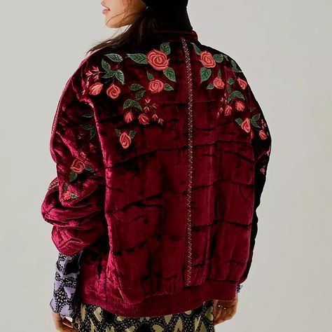 Free People Dropped a Collab With Anna Sui, and the Best Pieces Are Already Disappearing | Glamour Velvet Embroidery, Cool Coats, Free People Velvet, Embroidery Floral, Quilt Jacket, Free People Jacket, Anna Sui, Velvet Pants, Jacket Brands