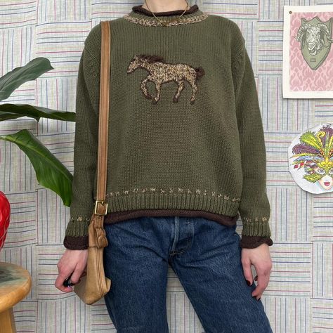 Vintage horse sweater Y2K earthy boxy roll neck... - Depop Cottage Core Sweater, Horse Sweater, Sweater Y2k, Mane N Tail, Vintage Horse, Sweater Vintage, Horse Girl, Roll Neck, Cottage Core