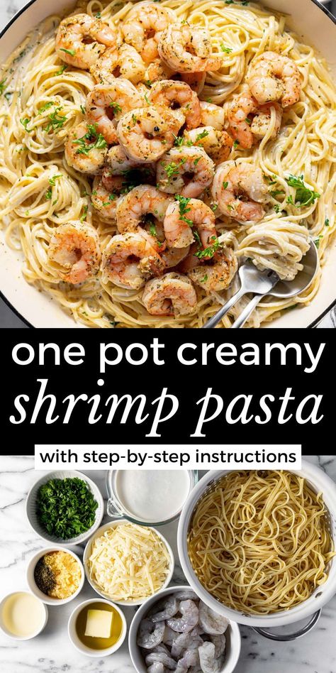 This creamy shrimp pasta recipe comes together in about 30 minutes and is almost a one-pan dinner! The shrimp cooks up perfectly tender in garlic, butter, and herbs and then is served with al dente linguine tossed in a simple white wine cream sauce. This dish is loaded with flavor but easy enough for a busy weeknight! Healthy Mediterranean Dinner, Mediterranean Baked Cod, Shrimp Linguine Recipe, Garlic Shrimp Pasta Recipes, Creamy Seafood Pasta, White Wine Pasta Sauce, Easy Shrimp Pasta, Shrimp Pasta Recipes Easy, Garlic Butter Shrimp Pasta