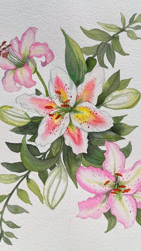 Flower Painting With Watercolors, Lily Flower Doodle, Drawing Lillies Flowers, Lilies Flower Drawing, Pretty Flowers Painting, Lily Flowers Painting, Painting Watercolour Ideas, Lilies Watercolor Painting, Spring Painting Watercolor