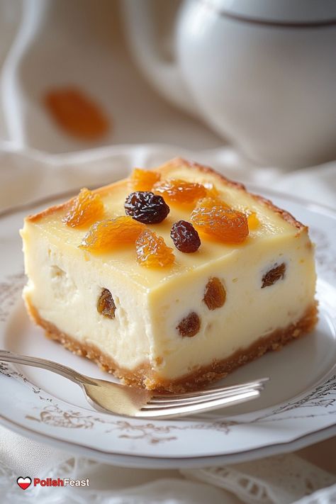 Kraków Cheesecake (Sernik Krakowski) is a delicious traditional Polish dessert featuring a rich cheese filling with sultanas. Ukrainian Cheesecake, Polish Cheesecake, Slavic Recipes, German Cheesecake, Dessert Pies, Polish Foods, Cooking Sweets, Zdrava Hrana, Polish Desserts