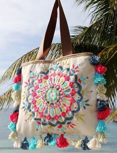 La Troupe Tulum Kaleidoscope tote $150 Handmade Bags Boho, Bohemian Beach Bag With Embroidery, Bohemian Embroidered Summer Bags, Bohemian Embroidered Multicolor Beach Bag, Bohemian Handwork Tote Shoulder Bag, Bohemian Embroidered Canvas Tote Bag, Tote Crochet, Boho Tote Bag, Boho Tote