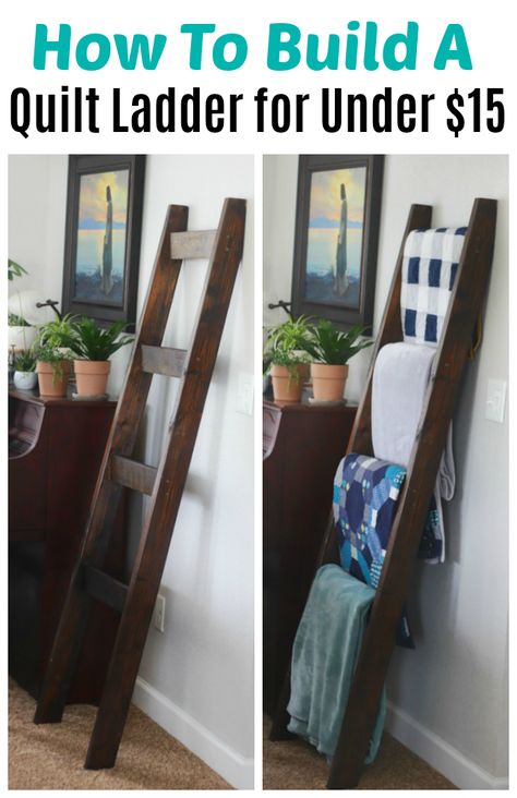 Make a beautiful wooden blanket ladder for under $15. It’s an easy one day project that will allow you to display beautiful quilts or blankets in the open and make them easily accessible. Blanket Hangers, Diy Blanket Ladder Easy, Make A Blanket Ladder, Ladder Blanket Holder, Blanket Ladder Plans, Blanket Ladder Diy, Blanket Ladder Decor, Farmhouse Blanket, Wooden Blanket Ladder