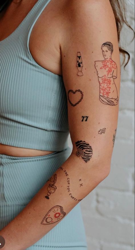 Female Patchwork Tattoo Sleeve, Women Patch Work Sleeve Tattoo, Micro Patchwork Tattoos, Many Tattoos On Arm, Line Work Patchwork Tattoos, Filler Tattoos Women, Eclectic Tattoo Sleeve, Patchwork Fine Line Tattoo Sleeve, Sticker Tattoo Sleeve Women