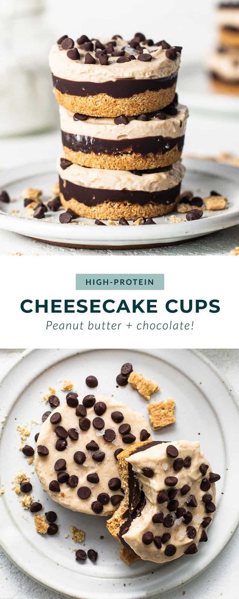 You’ll absolutely love these peanut butter chocolate cheesecake cups! They’re protein-packed thanks to blended cottage cheese, and taste just like cheesecake. Protein Cottage Cheese Cheesecake, Protein Snacks Cottage Cheese, Cottage Cheese Peanut Butter Cookies, Cottage Cheese Mini Cheesecake, Mini Cottage Cheese Cheesecake, Mini Protein Cheesecake, High Protein Cheesecake Cup, Cottage Cheese Treats, Breakfast Cottage Cheese Recipes