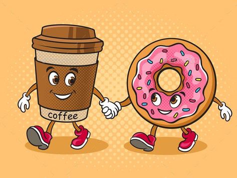 Coffee and Donut Friends Walking Pop Art Vector Donuts Advertising, Friends Walking Together, Donut Cartoon, Donut Logo, Pop Art Vector, Coffee Poster Design, Illustration Japanese, Donut Vector, Walking Together