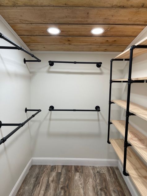 Industrial Piping, Storage Closet Shelving, Closet Under Stairs, Bed In Closet Ideas, Closet Design Layout, Closet Renovation, Closet Layout, Closet Remodel, Deck Decorating Ideas