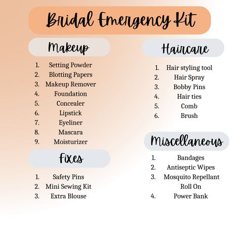 A well-organized Indian bride emergency kit, containing essential items like safety pins, touch-up makeup, tissues, and more, ready to tackle any unforeseen situations on the wedding day. Bridal Kit List, Makeup Kit For Bride List, Bridal Essentials Indian, Bride Essentials List Indian, Bride Emergency Kit, Bridal Emergency Kits, Bride Groom Photoshoot, Makeup Kit Essentials, Wedding Emergency Kit