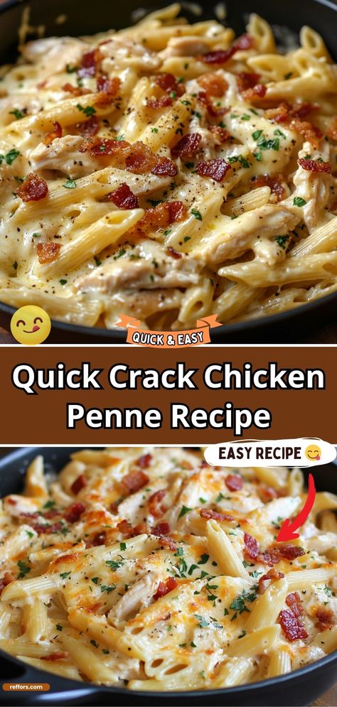 Get ready for a flavor explosion with Quick Crack Chicken Penne, featuring creamy chicken, cheese, and bacon mixed with penne pasta. It’s a decadent, satisfying dish that’s sure to become a weeknight favorite. #CrackChickenPenne #QuickMeals #PastaDinner Cracked Chicken Penne, Simple Sunday Dinner Ideas, Easy Food Recipes For Dinner Quick Simple, Chicken Chunks Recipe, Easy Sunday Dinner Ideas, Chicken Penne Recipes, Family Casseroles, Sunday Dinner Ideas, Chicken Penne Pasta