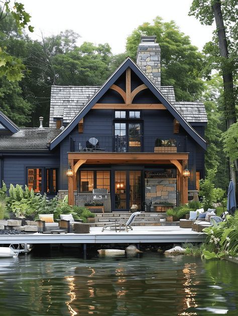 25 Rustic Home Exterior Ideas for Curb Appeal Dark Blue Cabin Exterior, A Frame Exterior Makeover, Industrial Cottage Exterior, Exterior Lake House Ideas, Exterior Log Cabin Colors, Home Design Exterior Simple, Cottage Roof Design, A Frame House Exterior Color Schemes, Outdoor Exterior Design