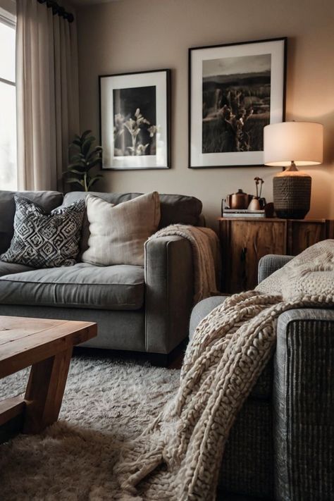 Small Fall Living Room, Family Room Small Space, Cosy Apartment Ideas, Warming Up A Grey Living Room, How To Make Living Room Cozy, Country Modern Living Room, Cozy House Bedroom, Cozy Moody Living Room, Cosy Minimalism