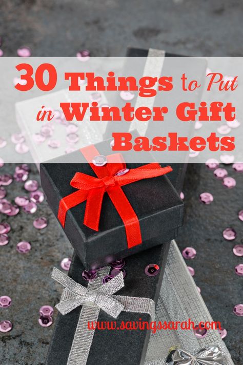 Winter ushers in chilly, short days. Throw in the lots of the white stuff; not so much in some places. What a fun time give someone a Winter Gift Basket to put some sun and warmth in the day!  Check out these 30 Things to Put in your Winter Gift Baskets. Winter Gift Basket, Usher Gifts, Gifts Baskets, Baskets Ideas, Raffle Basket, Raffle Baskets, Themed Gift Baskets, Christmas Baskets, Christmas Gift Baskets