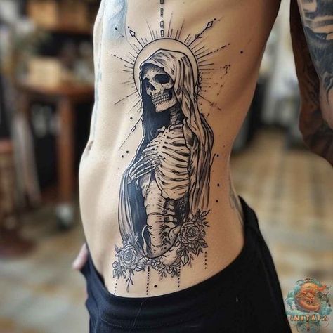 Skeleton Chest Tattoo, Leg Skull Tattoo, Santa Muerte Tattoo Stencil, 92 Tattoo, Santa Muerte Art, La Santa Muerte Tattoo, Tattoo On The Side, Santa Muerte Tattoo, La Muerte Tattoo