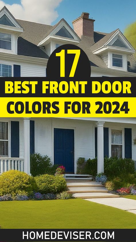 17 Best Front Door Colors for 2024! Make a statement with your front door in 2024! Explore these 17 beautiful front door paint colors to find the perfect hue that reflects your style and creates a warm welcome for your guests. Outdoor Door Paint Colors, Color For Doors House, Exterior Front Door Colors Farmhouse, Front Door And Shutters Colors Ideas, Front House Paint Ideas, Front Door On Ranch Style Home, Metal Door Color Ideas, Wood Doors Colors, Home Front Paint Ideas