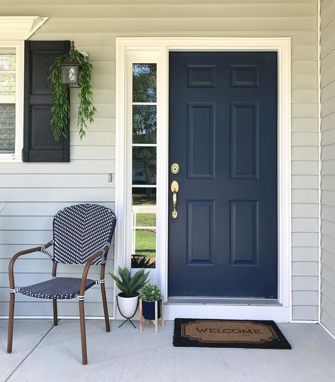 Blue Door Exterior House Colors, Navy Blue Door And Shutters, Door Paint Colors Entryway, Navy Blue Front Door Gray House, Navy Blue Front Door Colors, Front Door Colors For Dark Blue House, Navy Front Door Brick House, Midnight Blue Front Door, Dark Blue Door Exterior