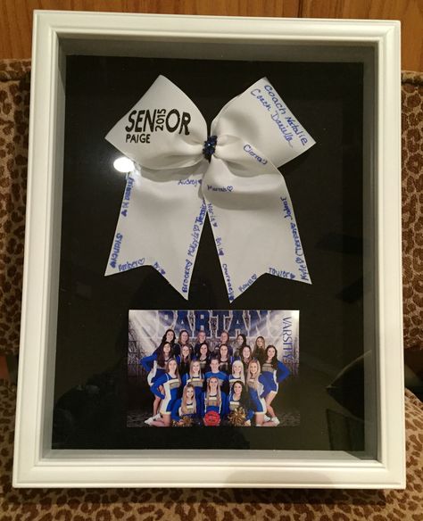 Cheerleading Senior / Coach Gift Shadow Box Senior Cheer Night Gifts, Senior Night Ideas For Cheerleaders, Gifts For Coaches Cheerleading, Senior Gift Cheerleading, Cheer Gifts From Coach, Cheer Gifts For Coaches, Senior Gifts Cheerleading, Cheer Shadow Box Ideas Gifts, Gifts For Senior Cheerleaders