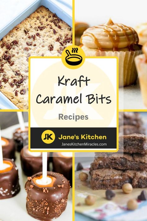 Kraft Caramel Bits in various dishes Kraft Caramel Bits Recipes, Caramel Bits Recipes, Kraft Caramel Bits, Caramel Brownies Recipe, Apple Cheesecake Bars, Ic Recipes, Salted Caramel Frosting, Caramel Treats, Caramel Apple Cake