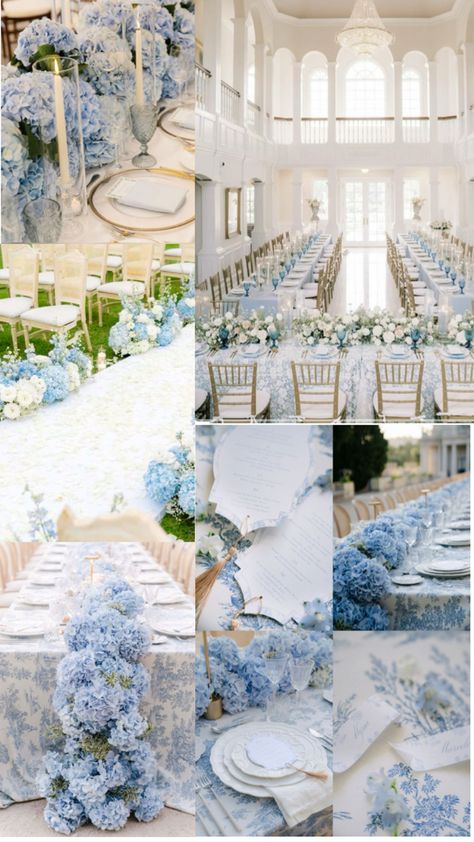 Wedding Blue Hydrangeas, Blue Floral Wedding Theme, Blue Table Settings Wedding, Blue And White Spring Wedding, Wedding Ideas Blue And White, Light Blue And White Wedding Theme, Sky Blue And White Wedding, Blue Black And White Wedding, Blue French Country Wedding