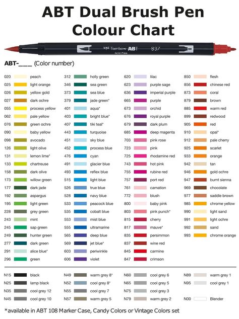 Tombow Color Chart, Tombow Brush Pen Swatches, Tombow Dual Brush Pen Color Chart, Tombow Dual Brush Pen Swatches, Pen Swatches, Ink Swatches, Coloring Brush Pen, Tombow Brush Pen, Tombow Markers