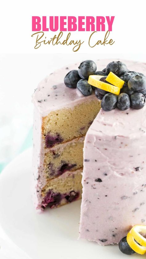 blueberry cake with a slice cut out to show the inside. Lemon Blueberry Layer Cake, Blueberry Zucchini Cake, Blueberry Layer Cake, Blueberry Zucchini, Kek Lapis, Resipi Kek, Blueberry Cake Recipes, Red Velvet Cake Recipe, Velvet Cake Recipes