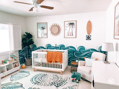 Beach Themed Baby Nursery Decor. California Beach Themed Room Decor . Surf Themed Room Decor Diy Beach Nursery Decor, Ocean Nursery Furniture, Surf Nursery Decor, Ocean Surf Nursery, Nursery Surf Theme, Surfer Themed Nursery, California Themed Nursery, Florida Nursery Theme, Surfing Theme Nursery