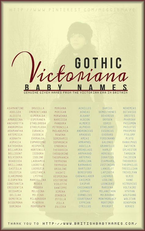 I ran across a pin on Pinterest today that really intrigued me. A list of Gothic Victoriana baby names, apparently genuine given names from the Victorian age in Britain. It’s definitely somet… Gothic Baby Names, Victorian Names, British Baby Names, Hipster Baby Names, Gothic Baby, Best Character Names, Fantasy Names, The Victorian Era, Aesthetic Names