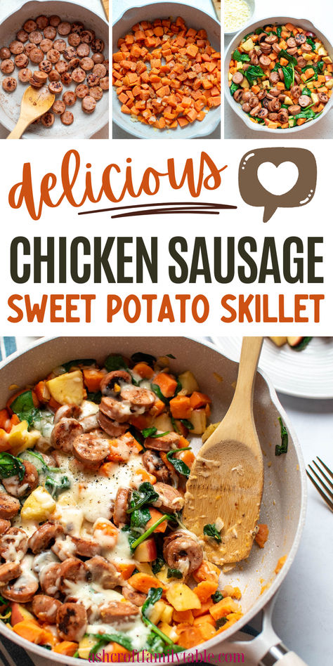 Chicken sausage and sweet potato skillet meal. Breakfast With Chicken Sausage, Ground Chicken Stuffed Sweet Potatoes, Dinner Recipes With Turkey Sausage, Easy Healthy Dinner With Sweet Potatoes, Sweet Potato And Chicken Sausage, Chicken Sausage Sweet Potato Skillet, Chicken Sausage Risotto, Apple Sausage Sweet Potato Skillet, Recipes With Apple Sausage