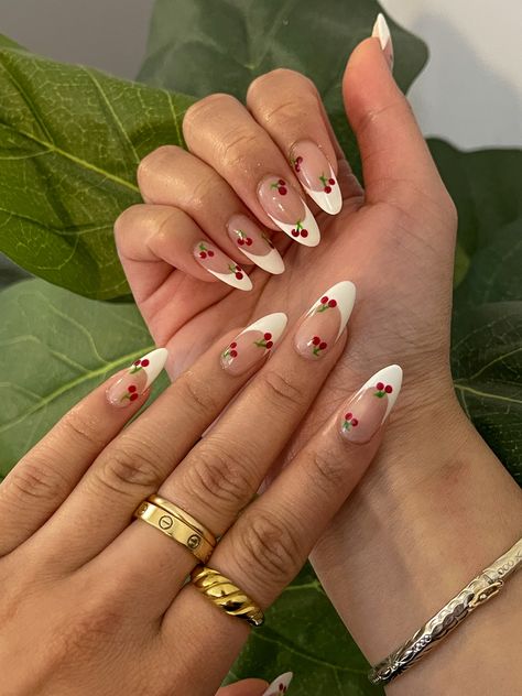 Cherry Nail Inspiration, Cherry Nails Square, French Tips With Cherries, Cherry Nail Ideas, Cherry Nails Designs, Nails With Cherries, Cherries Nails, Skincare Vanity, Trendy Almond Nails