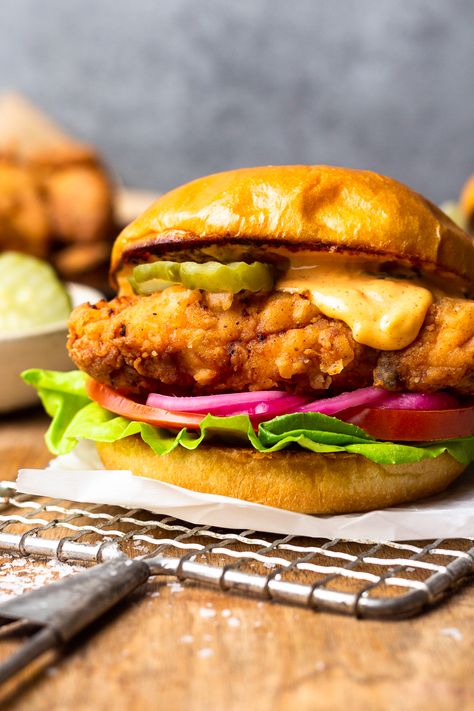 Buttermilk Crispy Chicken Burger with Smoky Aioli - Modern Farmhouse Eats Buttermilk Crispy Chicken, Buttermilk Marinated Chicken, Mustard Cream Sauce, Crispy Chicken Burgers, Fried Chicken Burger, Quick Pickled Red Onions, Fluffy Mashed Potatoes, Marinating Chicken Breast, Chicken Burger