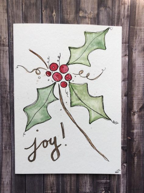 Watercolor Holly Christmas Card Hand Painted Christmas Card | Etsy #christmas #christmascrafts #happynewyear Christmas Card Homemade, Homemade Christmas Card, Modele Zentangle, Watercolor Holly, Card Homemade, Painted Christmas Cards, Holly Christmas, Christmas Doodles, Hand Painted Christmas