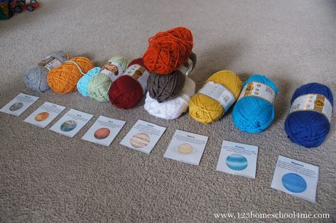 Fun to Make Yarn Solar System Project Diy Solar System Project Ideas, 1st Grade Solar System Project, Solar System Model For Kids, Solar System Styrofoam Balls, 3rd Grade Solar System Projects Ideas, Easy 3d Solar System Project, Foam Planets Solar System, Kids Science Projects, Diy Solar System Project