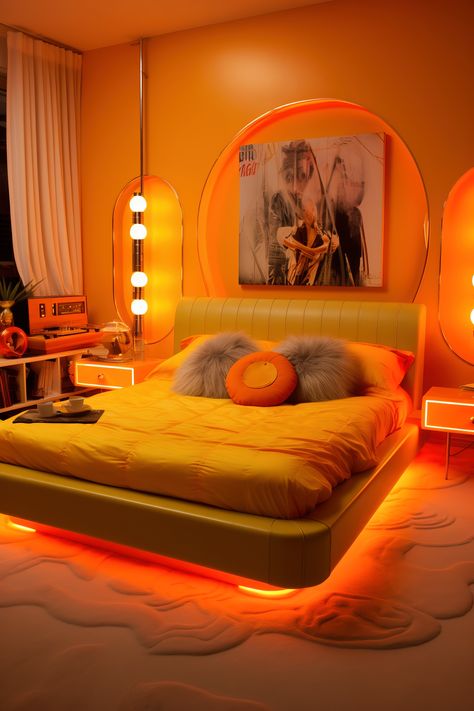 This neon bedroom radiates retro charm with neon orange and yellow lights highlighting vintage furniture and decor, creating a nostalgic atmosphere. Colorful Bedroom Lights, 60s Mod Bedroom Aesthetic, Neon Lights Interior Design, Light Orange Bedroom Ideas, Retro Futurism Room Decor, Retro Contemporary Bedroom, Room Decor Bedroom Orange, Orange Yellow Bedroom Ideas, Retro Style Room Decor