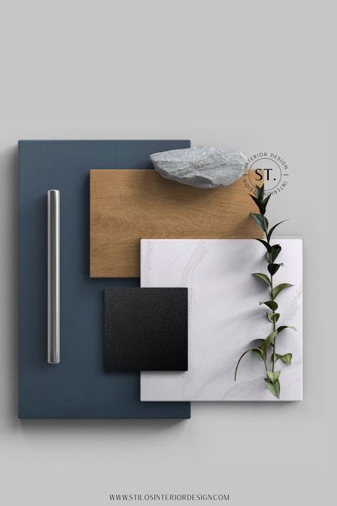 Blue Palette Interior Design, Office Blue And White, Black White And Blue Interior Design, Black White Blue Interior Design, Colour And Material Board, Blue Black Wood Kitchen, Wood And Colour Combinations, Black Blue Interior Design, Black White Blue Wood Bathroom