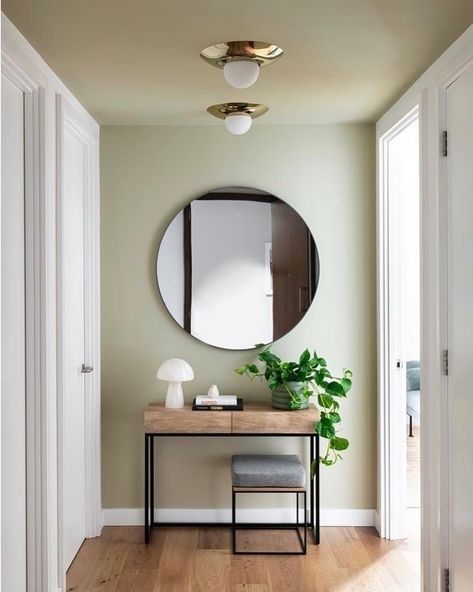 Lick on Instagram: “Making an entrance with this #Japandi style hallway, covered from walls to ceiling in #Greige01 by Interior Designers, @theinteriorfox.…” Flat Hallway Ideas, Entryway Color Ideas, Hallway Wall Colors, Entryway Colors, Paint Tricks, Green Entryway, Hallway Paint Colors, Style Hallway, Green Hallway Ideas