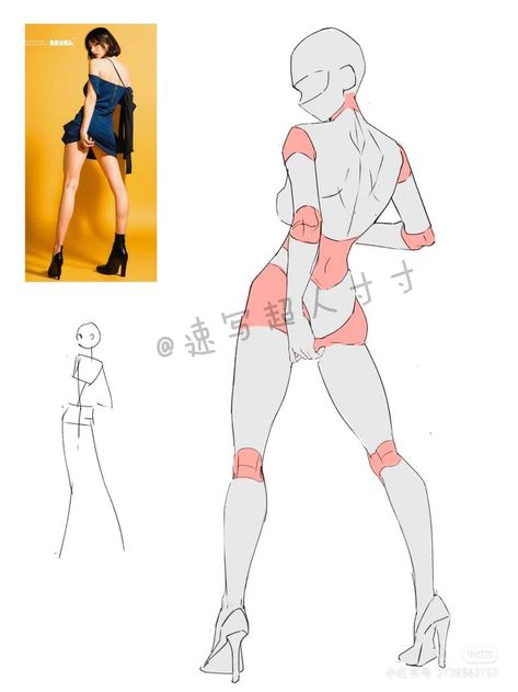 Anime Poses Reference1 Fashion illustration with pose guide and reference photo in heels and dress. | Sky Rye Design Dynamic Back Poses, Standing Art Reference Poses, Thigh Up Pose Reference, Laid Down Pose Reference, Crouching Pose Reference Perspective, Behind Pose Reference Drawing, Cool Action Poses Reference Drawing, Body Types Women Reference, Front And Back Pose Reference