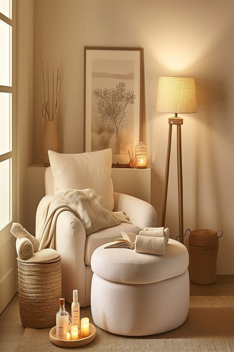 A cozy guest bedroom spa nook with a plush chair and warm lighting. Primary Bedroom Reading Nook, Cosy Bedroom Corner Ideas, Bedroom Sitting Area Small Cozy Corner, Reading Nook In Bedroom Small Cozy Corner Comfy Chair, Small Reading Nook Cozy Corner Bedrooms, Bedroom Corner Ideas Cozy Nook, Cozy Corner Bedroom, Cozy Reading Nook Ideas, Bedroom Nook Ideas