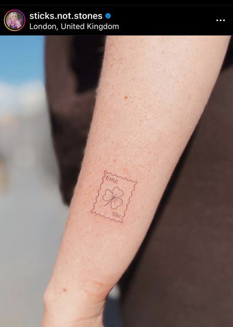 Sticks not stones London Clover Stamp Tattoo, Northern Irish Tattoos, Small Irish Tattoos For Men, Ireland Postage Stamp Tattoo, Irish Post Stamp Tattoo, Irish Themed Tattoos, Tattoos To Get In London, Cute Four Leaf Clover Tattoo, Small Ireland Tattoo