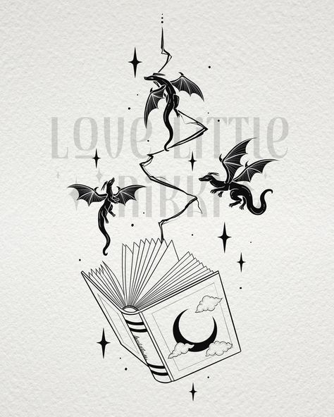 Dragon With Lightning Tattoo, Dragon And Books Art, Fantasy Books Drawing, Book And Heart Tattoo, Book Open Tattoo, Dragon Coming Out Of A Book Tattoo, Dragon Book Tattoo For Women, Book And Dragon Tattoo, Flying Books Drawing