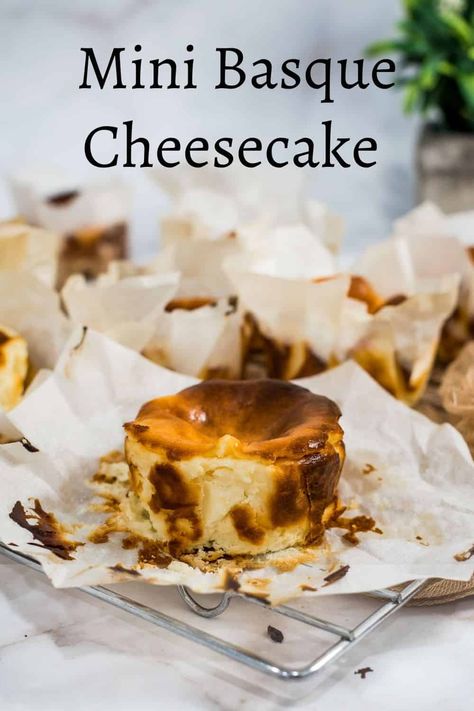 Small Basque Cheesecake, Basque Burnt Cheesecake Cupcake, Small Batch Basque Burnt Cheesecake, Burnt Basque Cheesecake Mini, Easy Basque Burnt Cheesecake Recipe, Basque Burnt Cheesecake Mini, Anniversary Baking Ideas, Mini Basque Cheesecake, Mini Basque Burnt Cheesecake