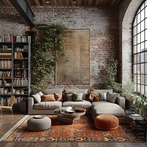 21+ Boho Industrial Living Room Ideas for the Modern Home • 333+ Images • [ArtFacade] Industrial Scandinavian Interior, Boho Industrial Living Room, New Yorker Loft, Industrial Living Room Design, Industrial Style Living Room, Industrial Living Room, Barn Loft, Industrial Apartment, Wood Window