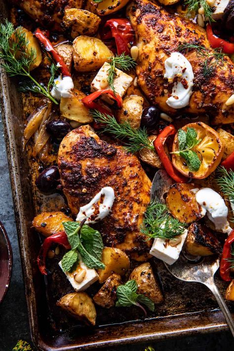 Easy Greek Sheet Pan Chicken Souvlaki and Potatoes | halfbakedharvest.com February Recipes, Sheet Pan Meals Chicken, Half Baked Harvest Recipes, Pan Chicken Recipes, Greek Dinners, Pan Cooking, Chicken Souvlaki, 1000 Calories, Pan Dinners