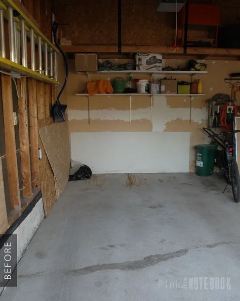 Garage Makeover - Before & After - Pink Little NotebookPink Little Notebook Old Garage Makeover Before And After, Diy Garage Remodel, Garage Makeover Before And After, Concrete Block Garage Makeover, Detached Garage Makeover, Garage Before And After, Old Garage Makeover, Garage Makeover On A Budget, Small Garage Makeover