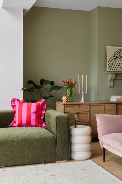 Green Accent Colors Living Room, Different Shades Of Green Living Room, Colourful Neutral Living Room, Colourful Lounge Room Ideas, Light Green House Interior, Green Wall Pink Sofa, Pops Of Pink Living Room, Sage Green Lounge Room, Pink Green Living Room Ideas