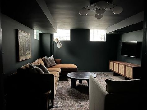 Vibe Basement, Small Moody Basement, Moody Unfinished Basement, Black Finished Basement, Moody Small Basement Ideas, Dark Basement Tv Room, Small Dark Basement Ideas, Dark Basement Ideas Low Ceilings, Small Room Man Cave